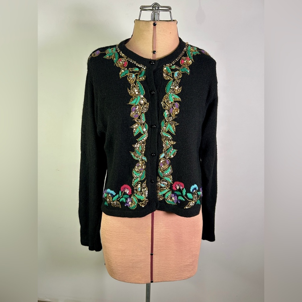 Vintage 80s Forenza Silk Angora Wool Cardigan Black Gold Sequin Embroidered Sz M